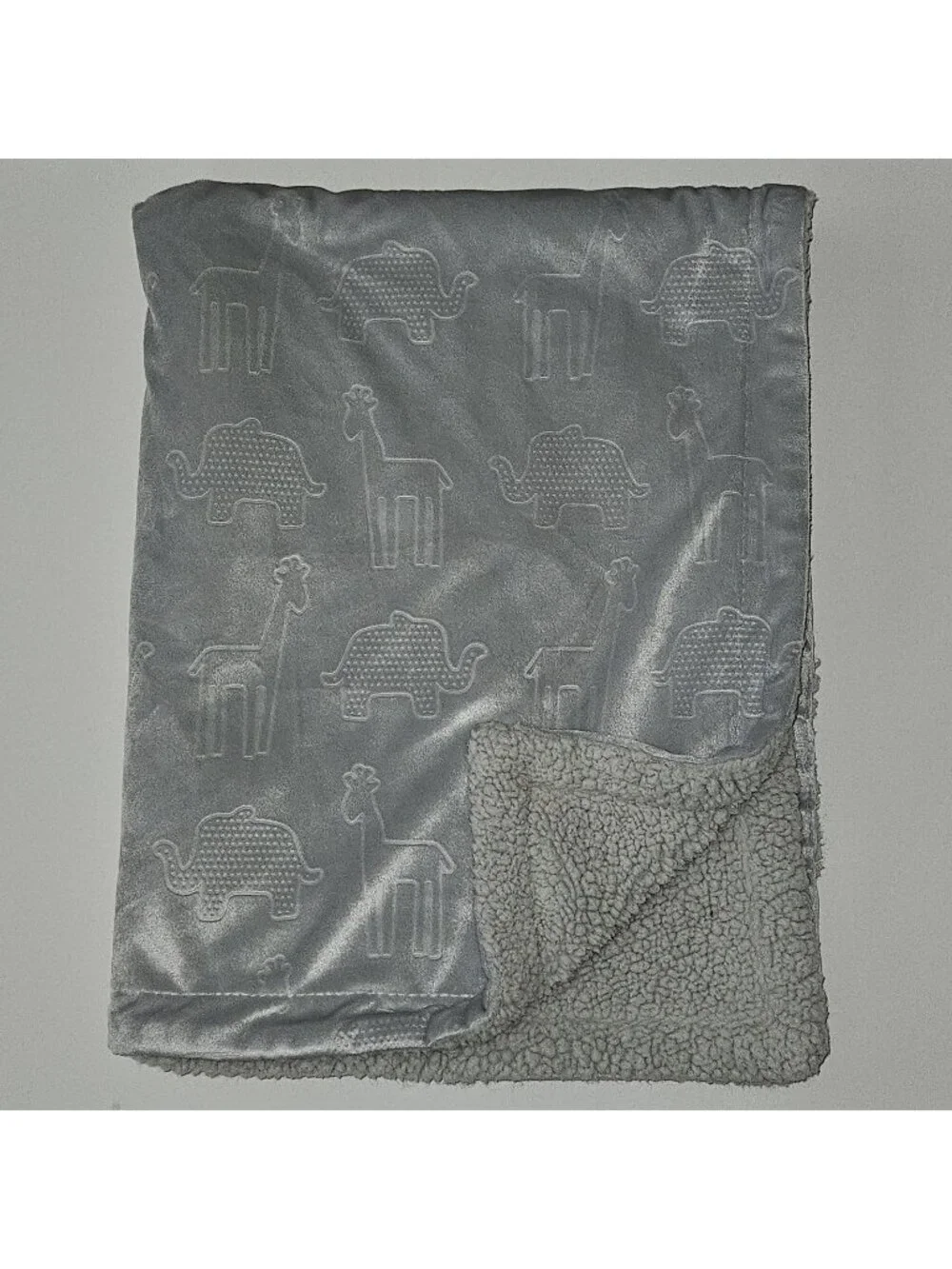 RN 119741 Solid Gray Baby Blanket Fleece Embossed Animal Safari Elephant Giraffe